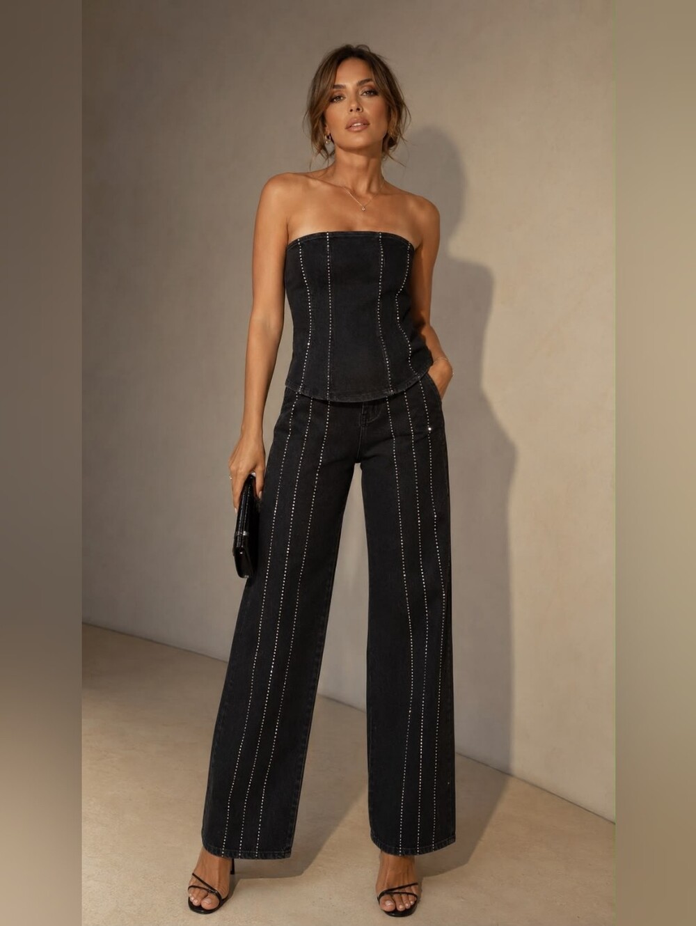 Denim With Studs Strapless Black Stud-Trim With Straight Leg Denim Pants Set